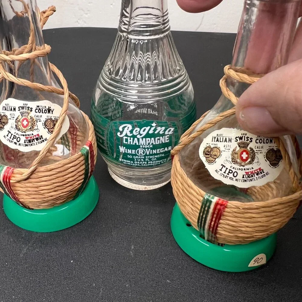 2 Italian Swiss Colony1952 Decorative Bottles & Regina Wine Vinegar Salt Shaker